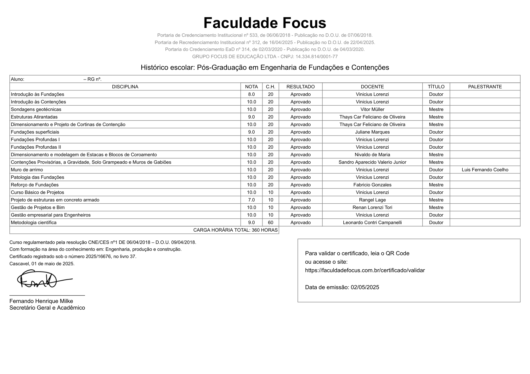 Histórico escolar da Pós-Graduação com disciplinas, cargas horárias e docentes — verso do certificado